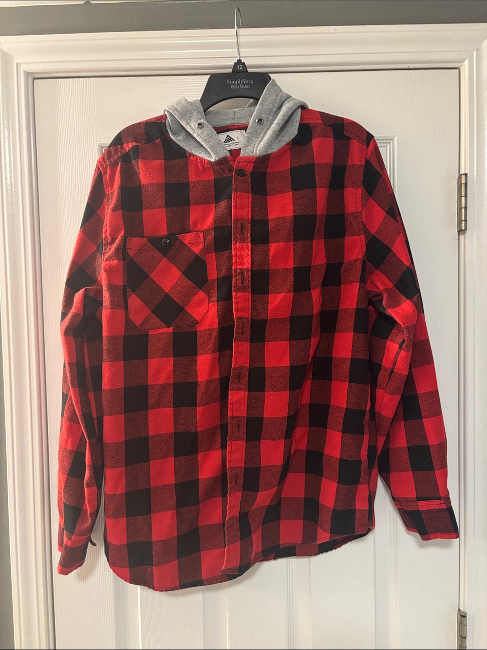 Red and Black Buffalo Check Hooded Button-Down Shirt